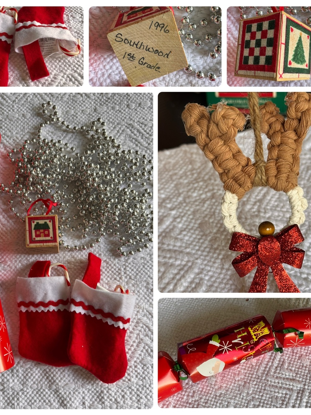 Set of 1996 Block Ornament, Mini Xmas Stockings, Silver Bead Garland, Paper Orna